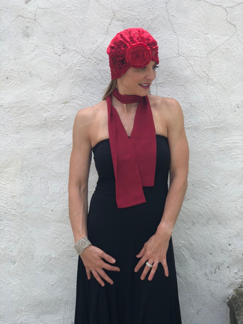 Handmade in the USA 1920/'s Red Lace Turban with Red Rose Size Large Ready to Ship