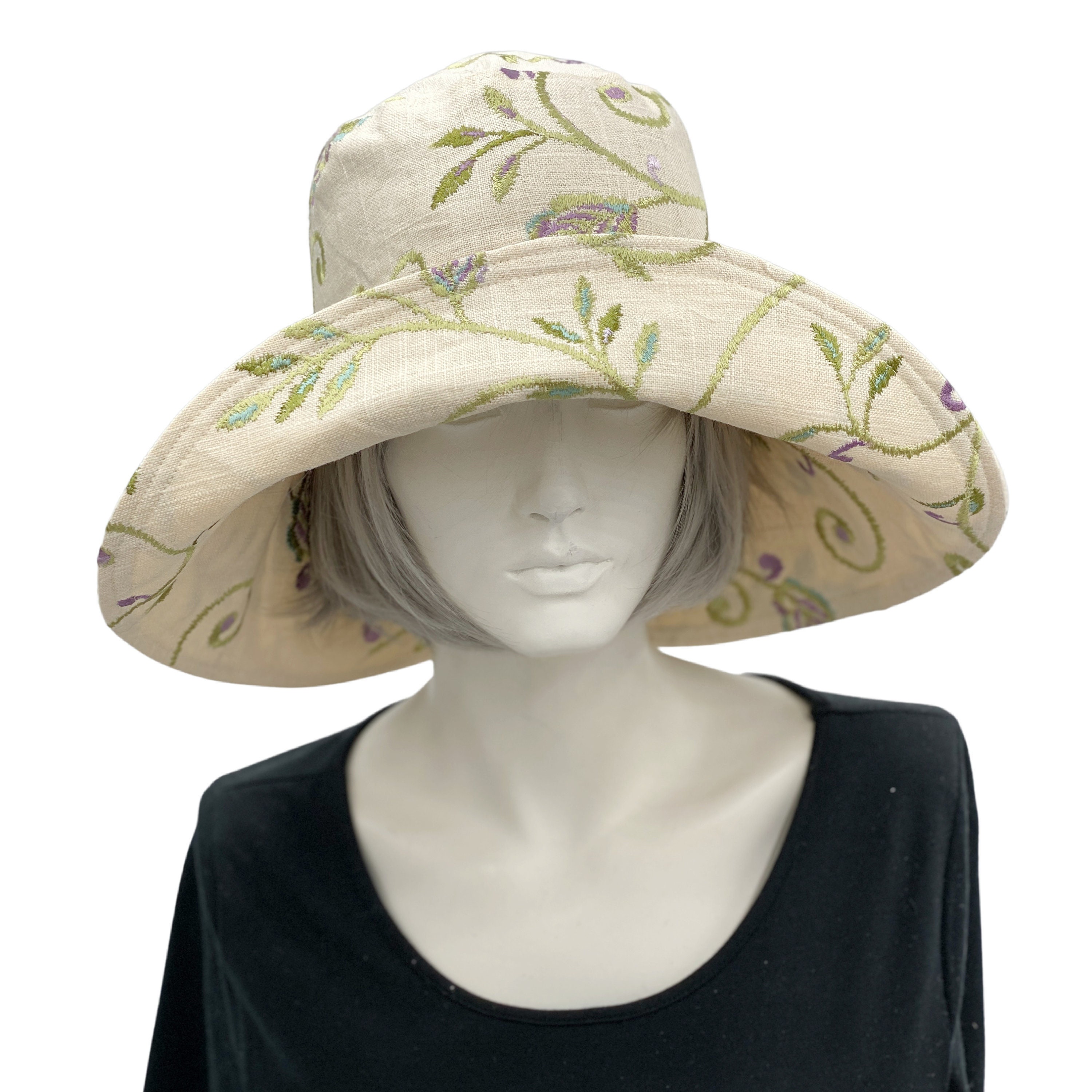 Cream Floral Linen Wide Brim Hat Women : Embroidered Floral  display picture 3
