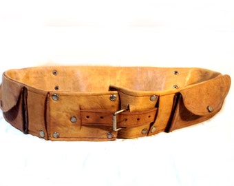 Vintage LEATHER MONEY BELT Lots of Pockets  Zippered  Snaps