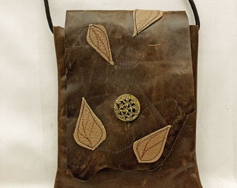 BROWN LEATHER BAG Shoulder Bag Cross Body Leather Leaf Appliques One of a Kind