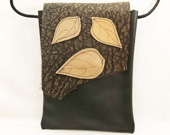 LEATHER SHOULDER BAG Two Tone Crossbody Black and Brown with Leather Leaves