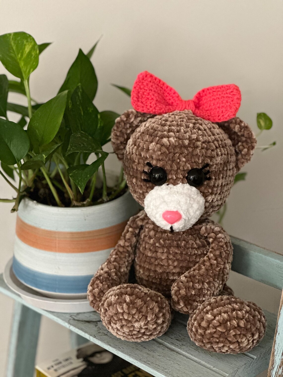 Cute Crochet Teddy Bear With Bow Tie Plushie Handmade Stuffed Animal ...