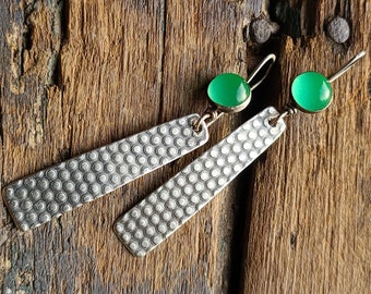 Sterling Silver & Chrysophrase Dangle Earrings, Green Gemstone Sculptural Texture Handwrought Heirloom Contemporary Silversmith Jewelry OOAK