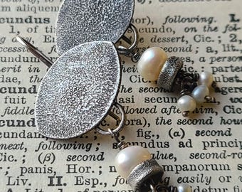 Sterling Silver & Freshwater Pearl Earrings, Marquise Shaped Organic Textural Handwrought Raw Silver One Of A Kind Artisan Jewelry OOAK