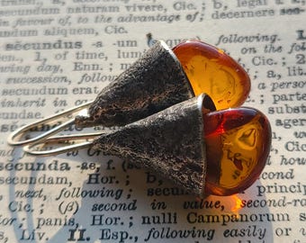 Sterling Silver & Amber Earrings, Sculptural Organic Gemstone Earthy Handwrought Textural Raw Silver Artisan Earrings, One Of A Kind OOAK