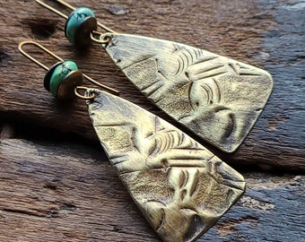 Antique Egyptian Brass & Turquoise Dangle Earrings, Exotic Bohemian Earthy Primitive Sculptural Handwrought Artisan Metalwork Jewelry, OOAK