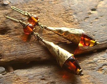 Antique Brass & Vintage Glass Dangle Earrings, Orange Whiskey Brown Exotic Bohemian Gypsy Primitive Textural Metalwork OOAK Artisan Jewelry