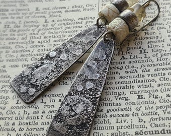 Sterling Silver, African Glass & Quartz Dangle Earrings, Pale Yellow Gemstone Primitive Textural Raw Silver One Of A Kind Artisan Jewelry