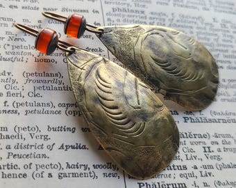 Antique Egyptian Brass & Carnelian Earrings, Large Teardrop Shape Primitive Ethnic Bohemian Orange Gemstone Gypsy Earrings, One Of A Kind