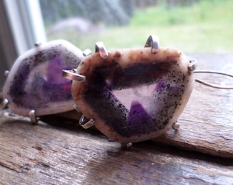 Sterling Silver & Raw Amethyst Geode Earrings, Purple Crystal Rustic Primitive Organic Natural Mineral Forged Silver Jewelry, One Of A Kind