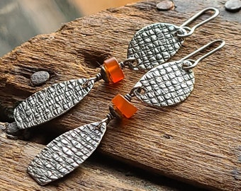 Sterling Silver & Carnelian Dangle Earrings, Rust Orange Gemstone Organic Rustic Primitive Textural Handwrought Silversmith Jewelry, OOAK