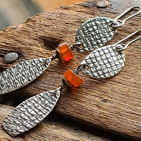 Sterling Silver & Carnelian Dangle Earrings, Rust Orange Gemstone Organic Rustic Primitive Textural Handwrought Silversmith Jewelry, OOAK