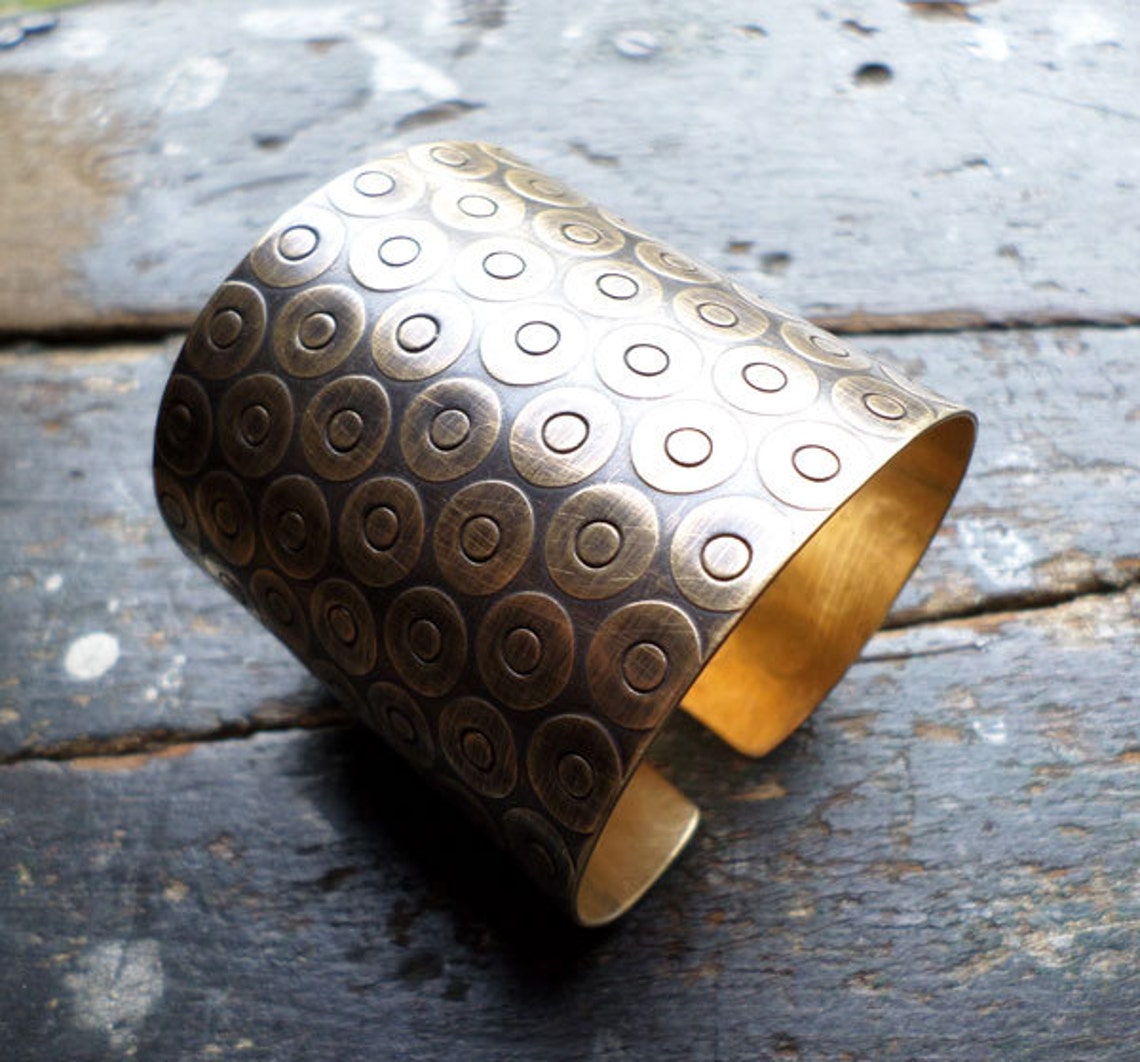 Bronze Cuff Bracelet, 2 Wide Textural Handwrought Ethnic Tribal Urban