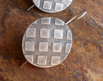 Sterling Silver Earrings, Modern Contemporary Urban Industrial Geometric Textured Charcoal Tribal Shield Metalsmith Sterling Earrings