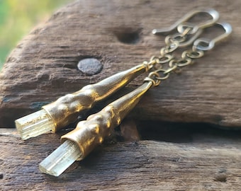 Antique African Brass & Scapolite Drop Earrings, Champagne Crystal Primitive Textural Metalwork Earrings, One Of A Kind Handmade Jewelry