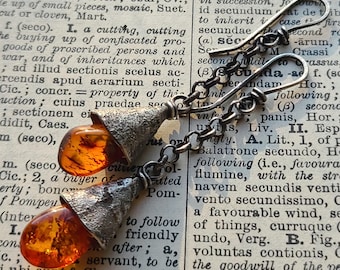 Sterling Silver & Amber Chain Drop Earrings, Golden Yellow Organic Primitive Textural Handwrought Raw Silver One Of A Kind Artisan Metalwork