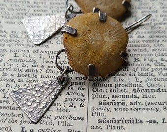 Sterling Silver & Fossilized Pakistan Coral Organic Cream Rust Earthy Primitive Textured Sculptural Handwrought Silversmith Earrings, OOAK
