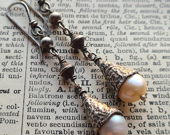 Sterling Silver & Baroque Pearl Drop Earrings, Organic Textural Handwrought Raw Silver Long Dangle Earrings, One Of A Kind Artisan Jewelry