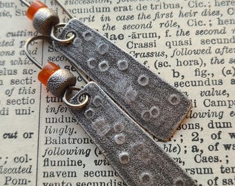 Sterling Silver & Carnelian Dangle Earrings, Orange Gemstone Primitive Textural Organic Handwrought Raw Silver Jewelry, One Of A Kind OOAK