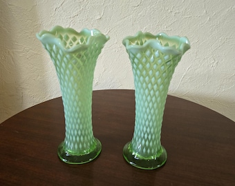 Pair of vintage Northwood Green opalescent diamond point swung vases measuring 11". No flaws