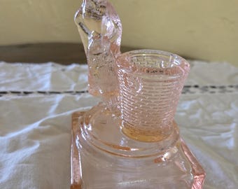 Vintage EAPG  PINK glass LADY with basket toothpick/match holder. No markings. No chips or flaws. Beautiful piece