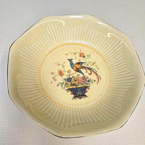 VINTAGE ANTIQUE Ivory from Salem yellow peacock floral raised column bowl/dish 9" Gorgeous Salem China of Ohio 1910 USA