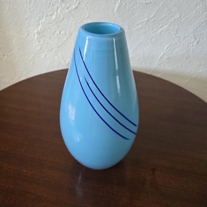 Vintage hand blown Murano Sky blue cased glass with royal blue swirls. stands 9 1/4&quot; tall x 5.5&quot; tall