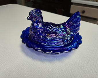Vintage Imperial Glass Cobalt Ultra Blue Glass Split Tail Hen on