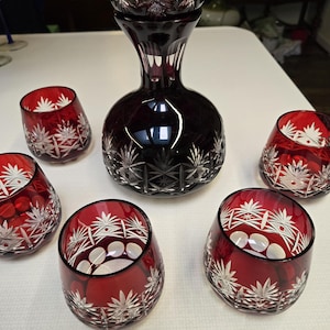 Vintage art deco Bohemian Czech Ruby red cut glass decanter set 1930s. This set is gorgeous