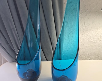 Large Viking Swung Glass Bluenique candle holders 16.5&quot; tall x 4.5 wide Stunning Pair. No chips or cracks! RARE
