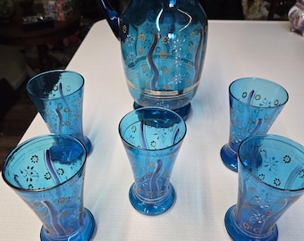 Victorian aqua blue hand painted glass pitcher with 5 hand painted golden rim tumblers. GORGEOUS!!