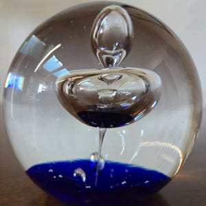 Beautiful art glass paperweight suspended donut torus rippled controlled bubble paperweight 3&quot; clear and cobalt blue