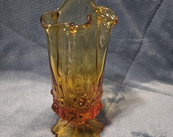 Fenton Amber rose handkerchief glass vase with pedestal base 1960s