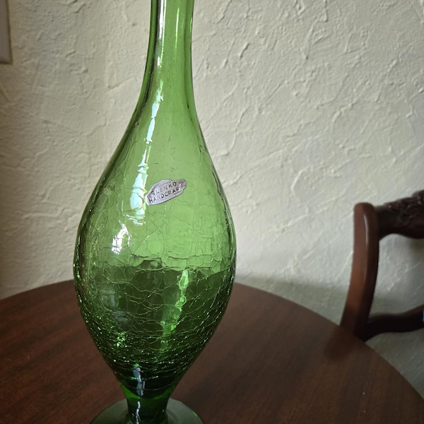 RARE Vintage hand blown green pedestal crackle glass decanter with big belly. Made in West Virginia.  Has origional Sticker.