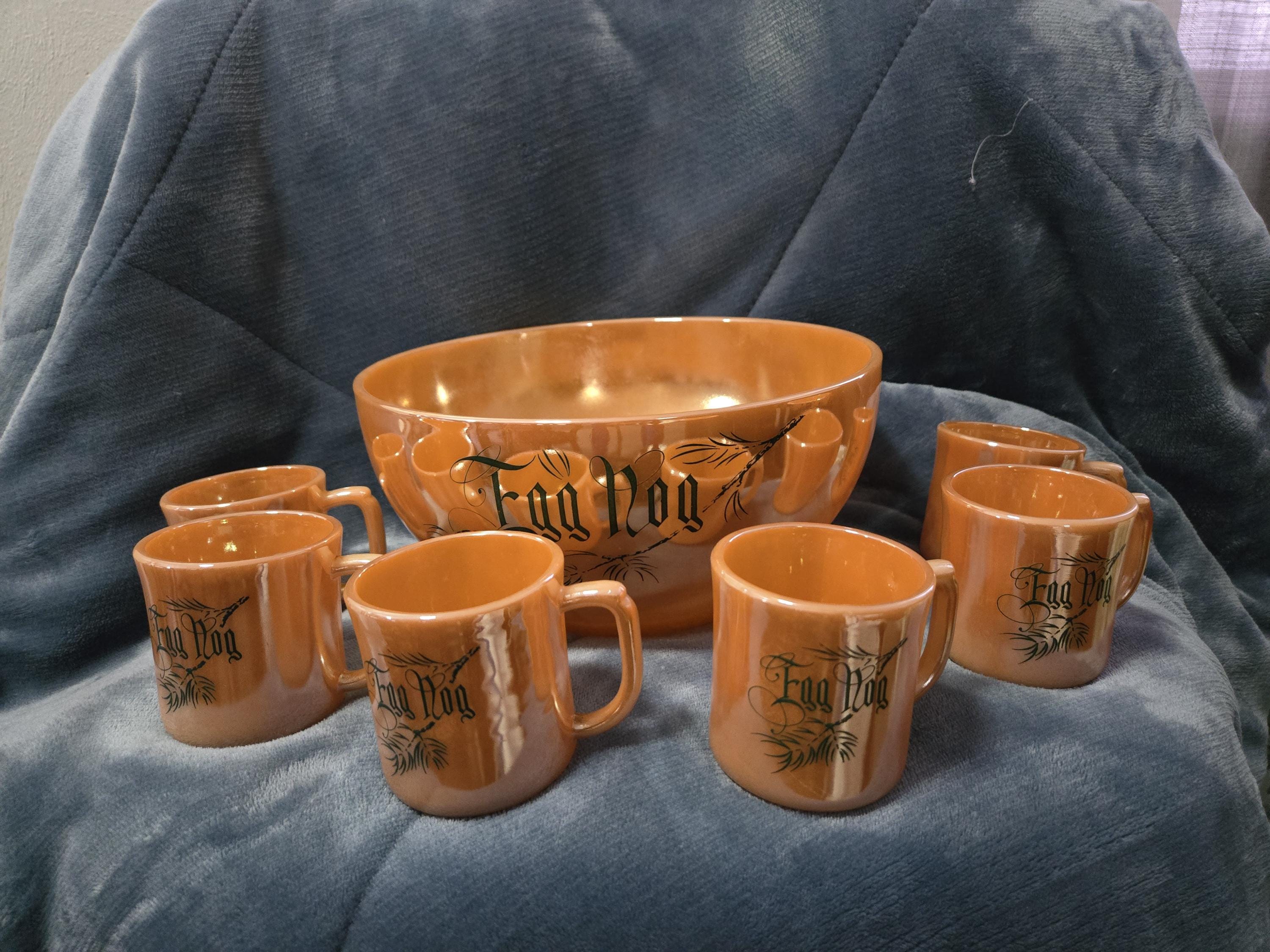 Beautiful Peach Luster Fireking Egg Nog Punch Bowl Set With 6 Cups