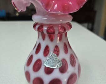 ヴィンテージ フェントン クランベリー コインドット花瓶、手吹き