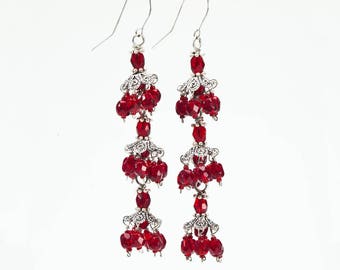Dangling Chandelier Earrings in Red Glass and Silver on Nickel Free Silver French Ear Wire