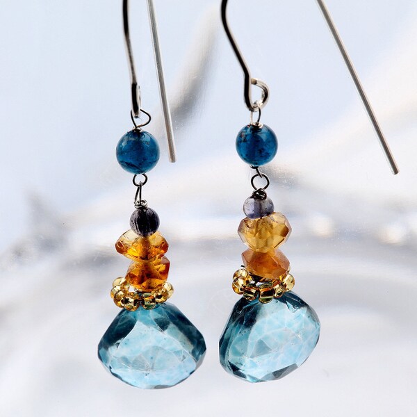 Blue Mystic Quartz Gold Citron and Blue Tanzanite Long Dangling Earrings on Nickel Free Silver French Ear Wire