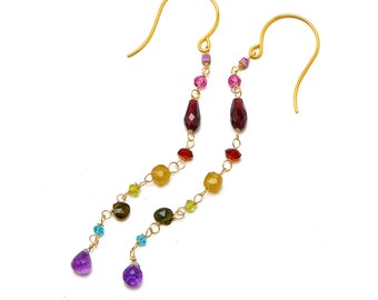 Rainbow semi precious gemstone earrings with multi color stones in garnet peridot apatite amethyst tourmaline and more