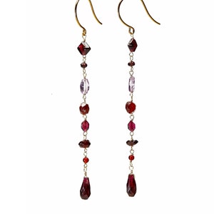long red dangling gemstone earrings with garnets amethyst and carnelian semi precious stones on gold toned nickel free ear wire