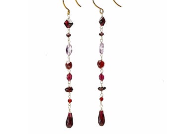 long red dangling gemstone earrings with garnets amethyst and carnelian semi precious stones on gold toned nickel free ear wire