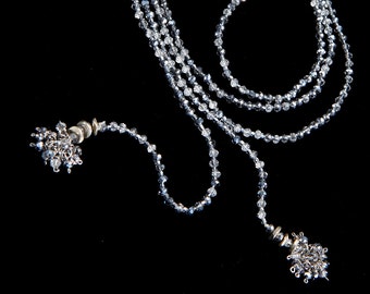 Long Silver Crystal Bead Knotted Lariat with Weighted Snow Ball Endings