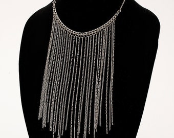 Long Silver Chain Necklace - Silver Fringe Chain Neckalce