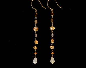 Long dangling yellow gemstone earrings with citrine, carnelian, vintage crystal and yellow quartz on nickel free French ear wire