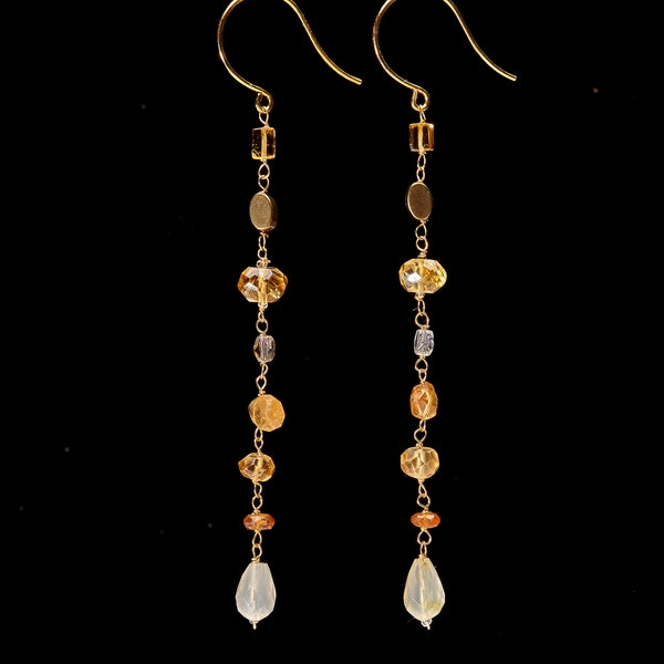 Long dangling yellow gemstone earrings with citrine, carnelian, vintage crystal and yellow quartz on nickel free French ear wire