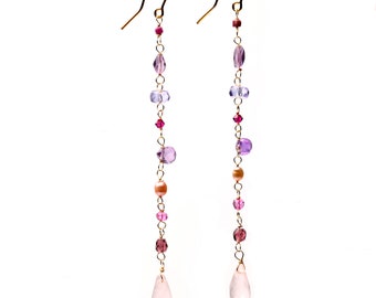 Pink semi precious gemstone earrings with rose quartz amethyst pearl Phosphosiderite mystic quartz and more