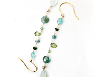 Long dangling blue gemstone earrings with aquamarine lolite pearls peridot aventurine Swarovski crystal and apatite