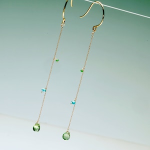 Long Dangling Earrings on Gold Plated Chain with Emerald, Czech Crystal and Peridot on Gold Toned Nickel Free French Ear Wire