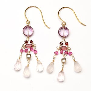 Natural pink gemstone chandelier earrings with mystic topaz garnet rose quartz amethyst and mystic sapphire