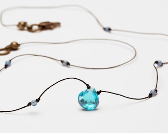 Blue Topaz Choker Necklace - Topaz Semi Precious Stone with Small Blue Round Mini Beads Knotted to Nylon Cord